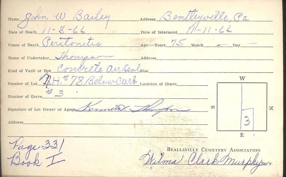 John W. Bailey burial card